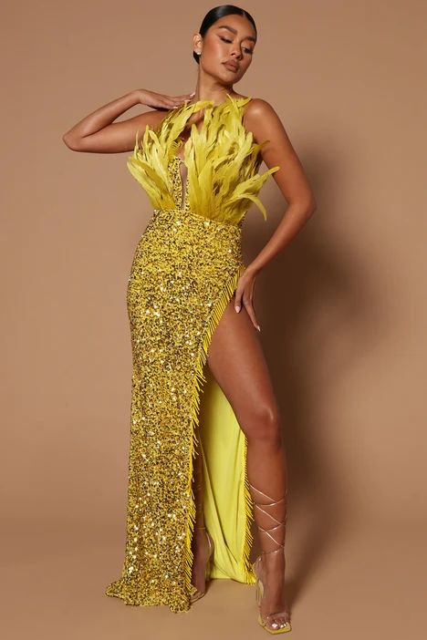 Elegant Gold Feather Sequin Maxi Dress 7