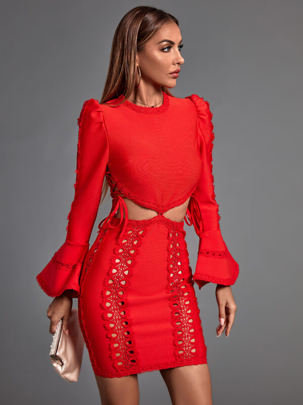 Flare Long Sleeve mini Dress Red 3