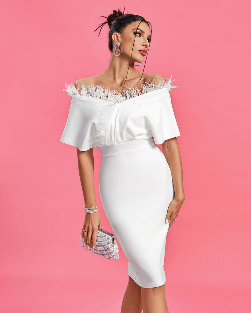 Top 10 Staple &ย Best Bandage Dress Styles for Your Closet 25 Flattering Off Shoulder Feather Trim Dress 4
