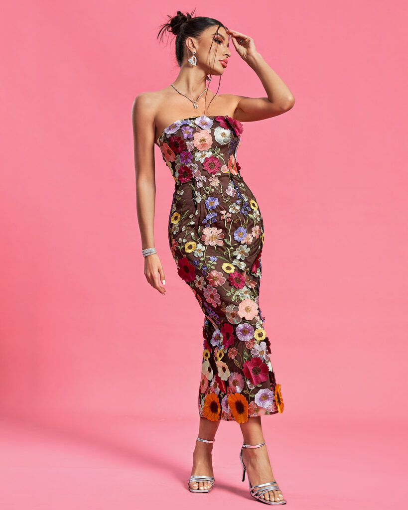 PRINTED FLOWER EMBELLISHED MIDI DRESS