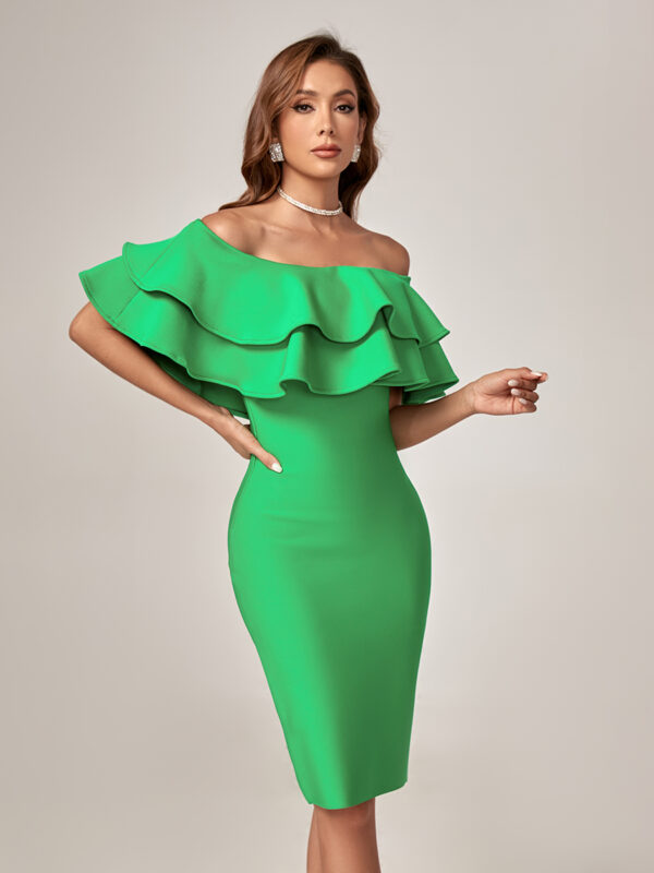 Green Layered Off-Shoulder Bandage Dress 1