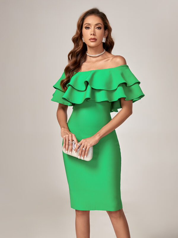 Green Layered Off-Shoulder Bandage Dress 2