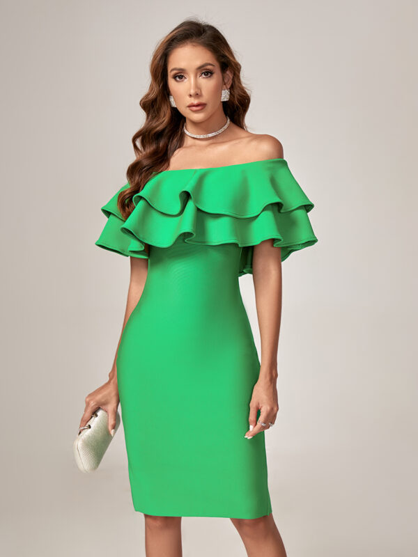 Green Layered Off-Shoulder Bandage Dress 3