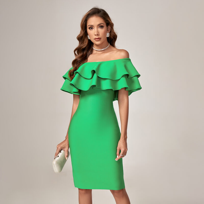 Green Layered Off-Shoulder Bandage Dress 3