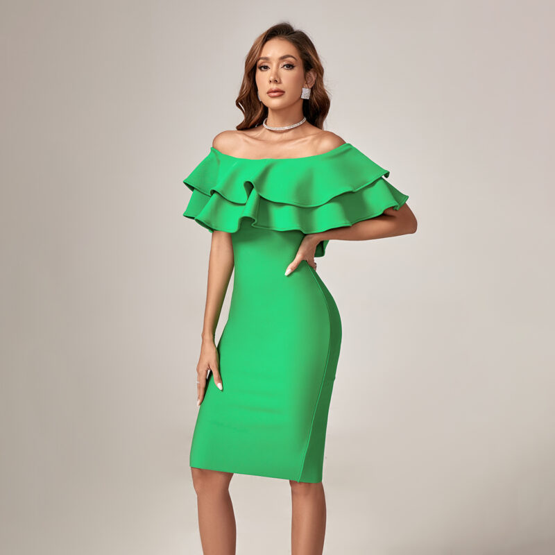 Green Layered Off-Shoulder Bandage Dress 7