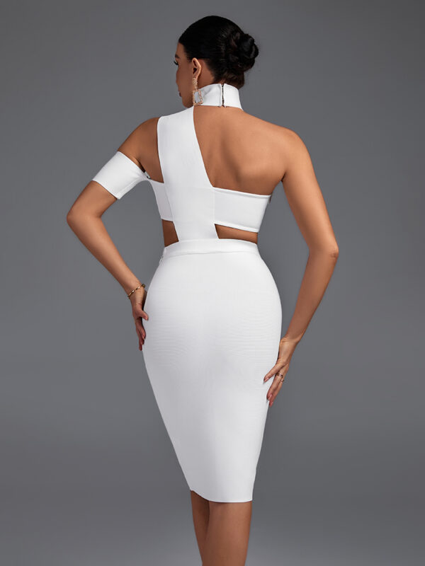 Halter Sleeveless One-shoulder Bandage Dress White 3