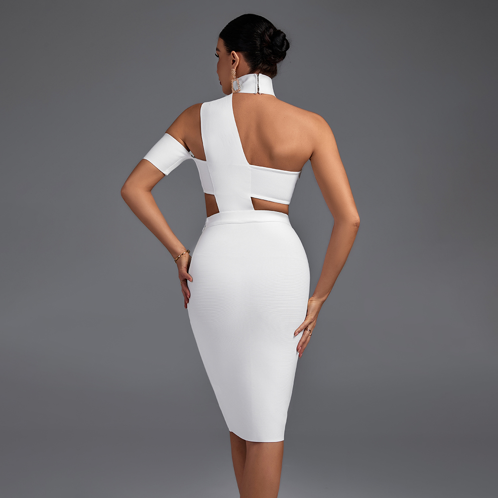 Halter Sleeveless One-shoulder Bandage Dress White 3