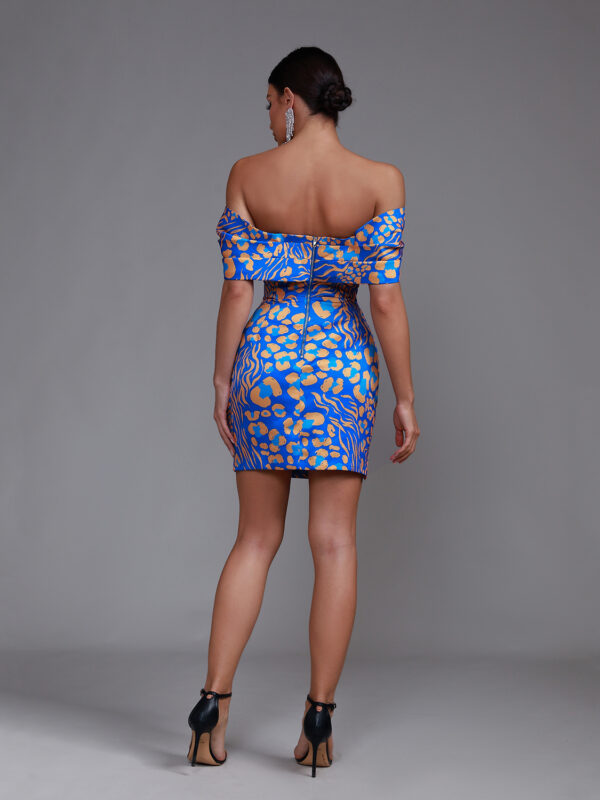 Blue Jacquard Off Shoulder Short Dress 1