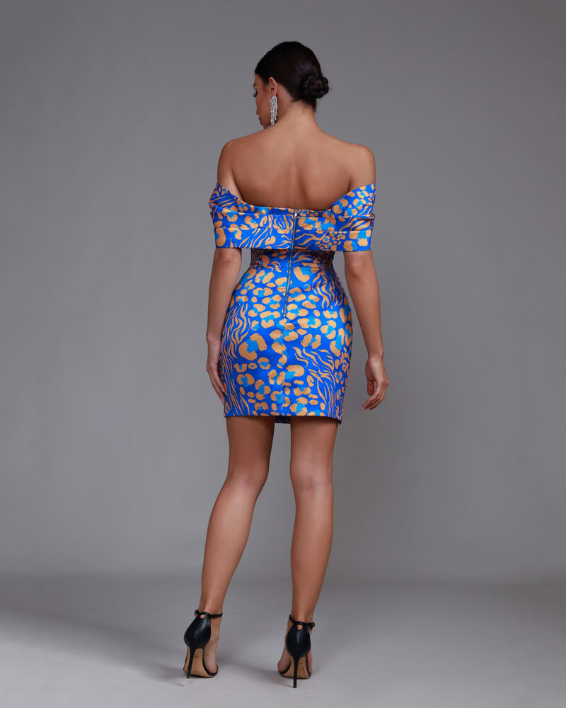 Blue Jacquard Off Shoulder Short Dress 1