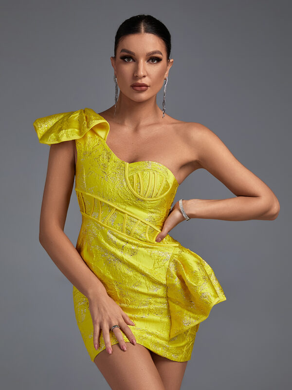 Jacquard One Shoulder Frill Dress Green 1