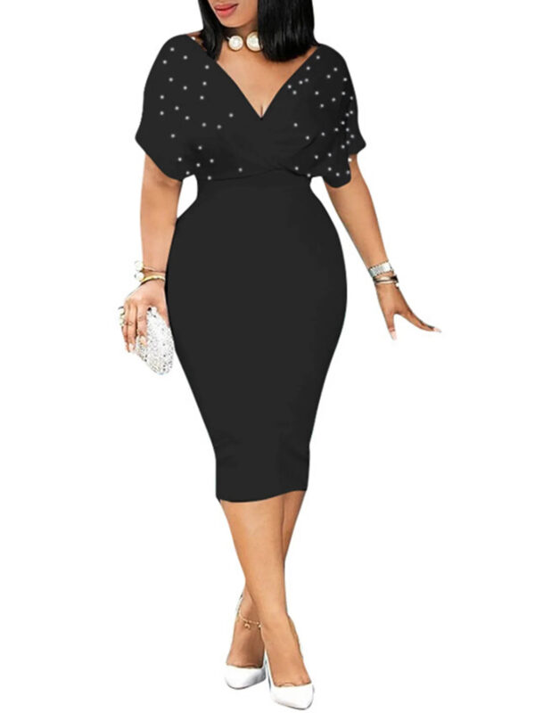 Modest V-Neck Nail-Beaded Dress Black