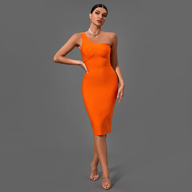 Orange Asymmetrical One Shoulder Dress 1