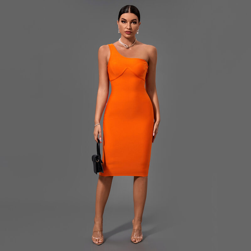Orange Asymmetrical One Shoulder Dress 4