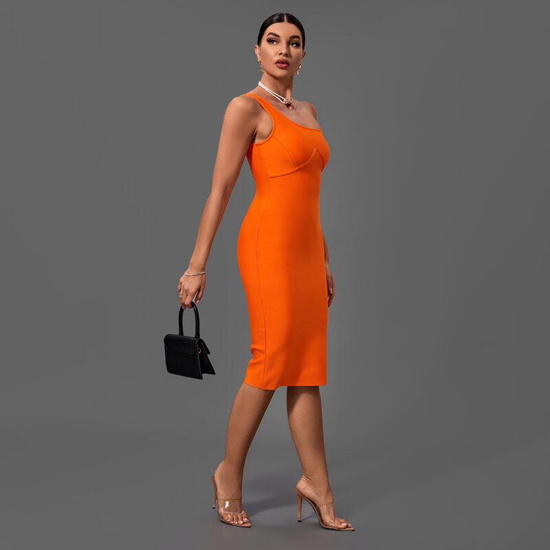 Orange Asymmetrical One Shoulder Dress 5