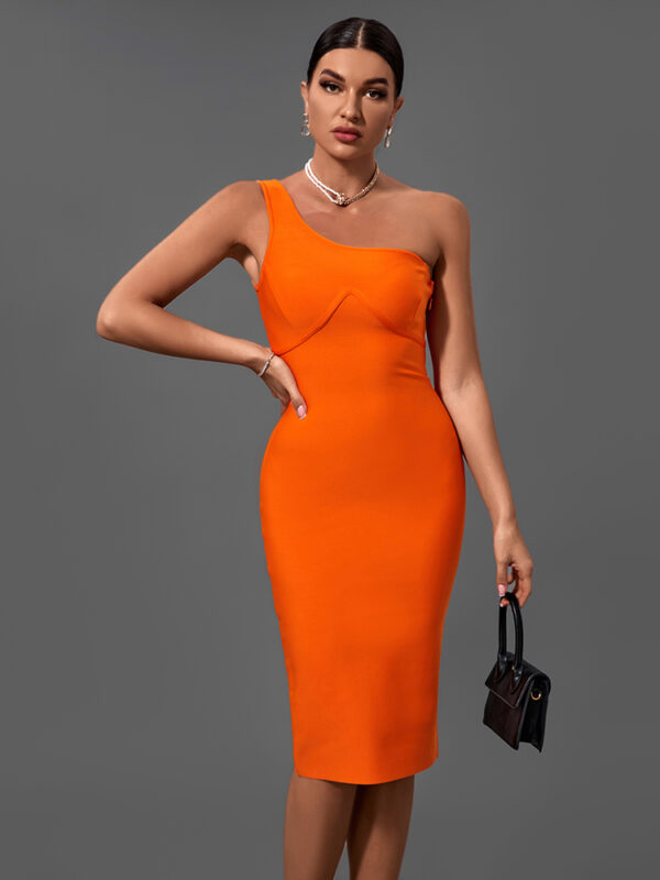 Orange Asymmetrical One Shoulder Dress 6