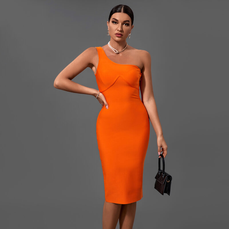 Orange Asymmetrical One Shoulder Dress 6