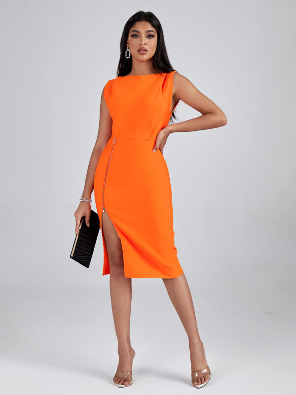 Orange Metal Zipper Midi Dress 3