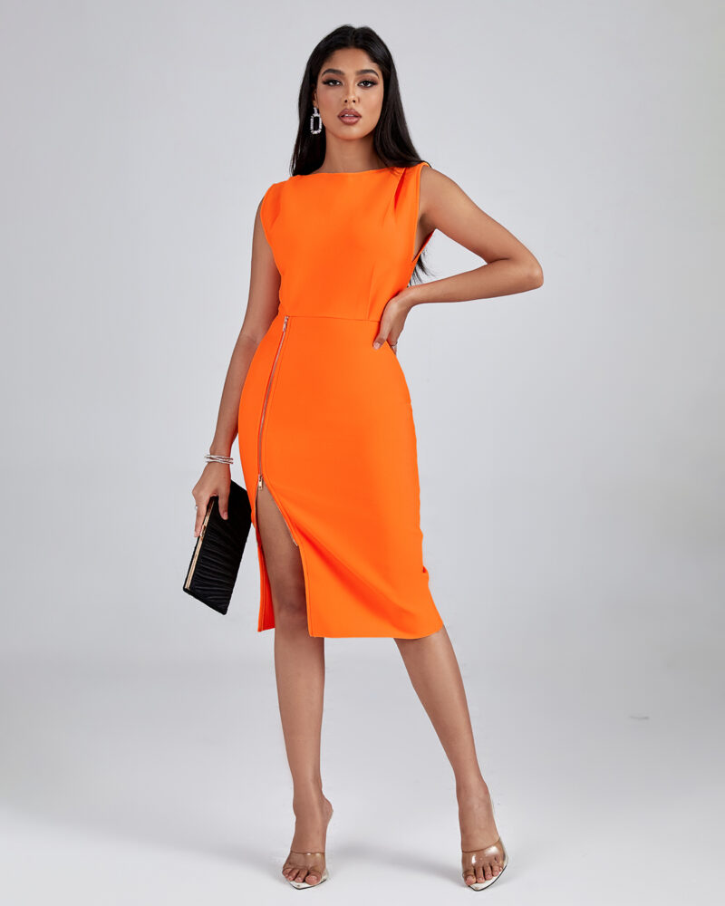 Orange Metal Zipper Midi Dress 3