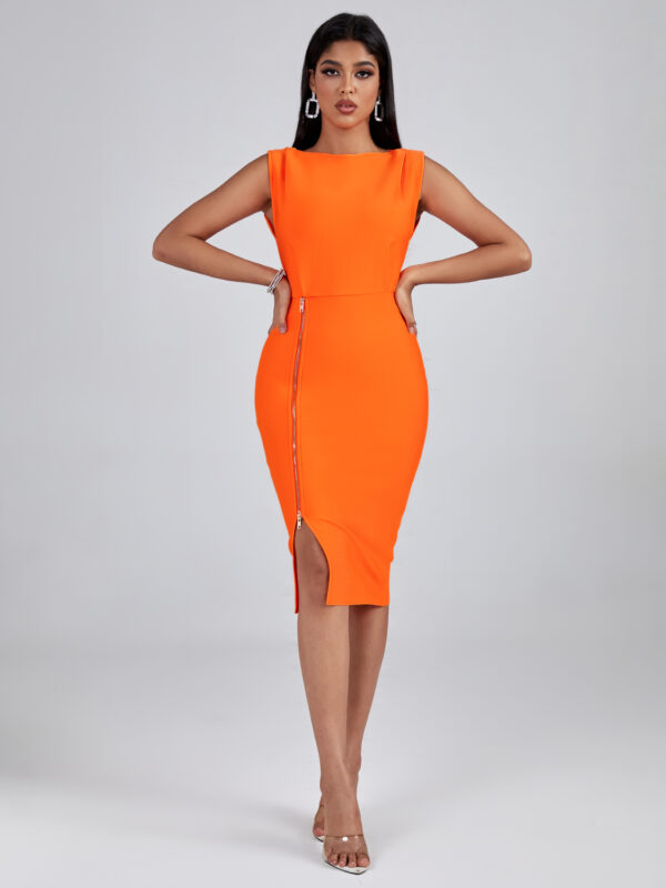Orange Metal Zipper Midi Dress 4