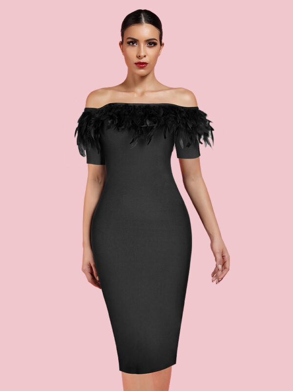 Purple Feather Off-Shoulder Dress Black
