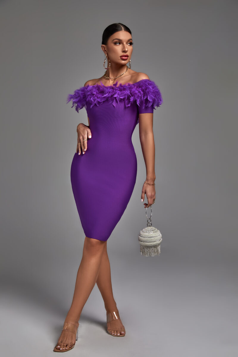 Purple Feather Off-Shoulder Dress Purple 1