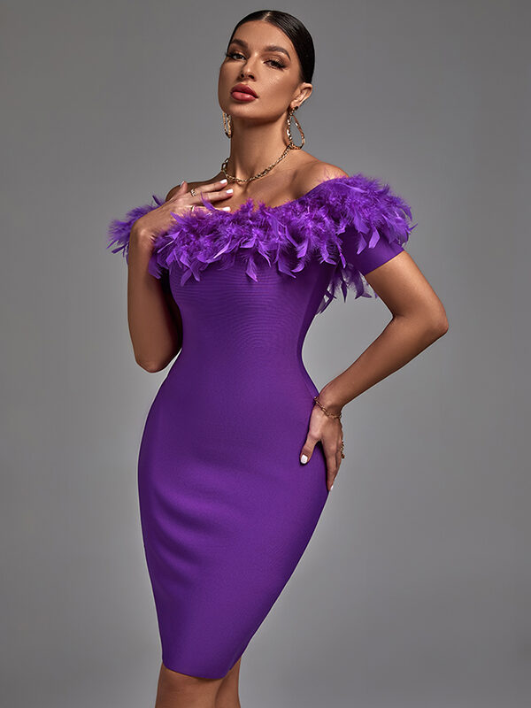 Purple Feather Off-Shoulder Dress Purple 2
