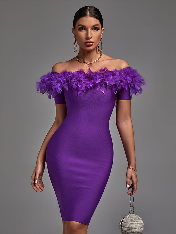 Purple Feather Off-Shoulder Dress Purple 4