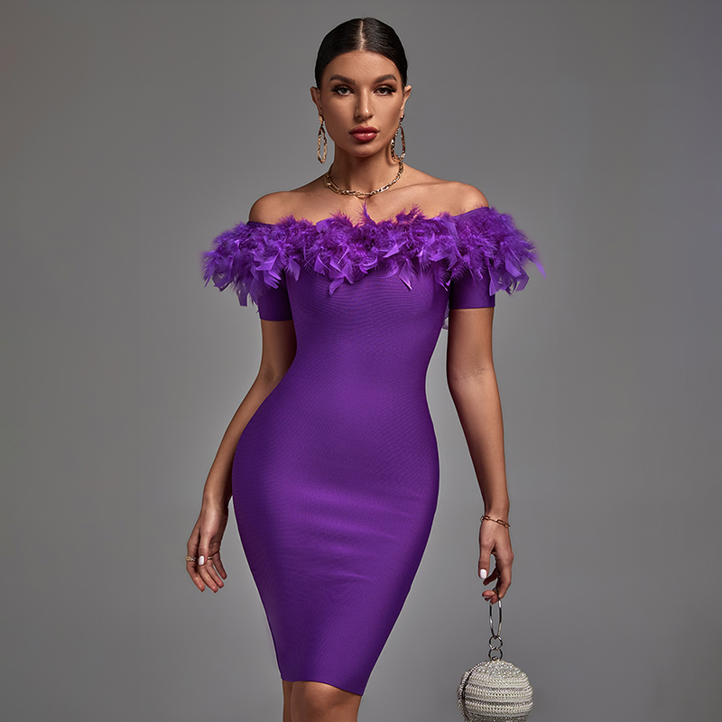 Purple Feather Off-Shoulder Dress Purple 4