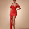 Red Halter Feather Draped Corset Dress 5