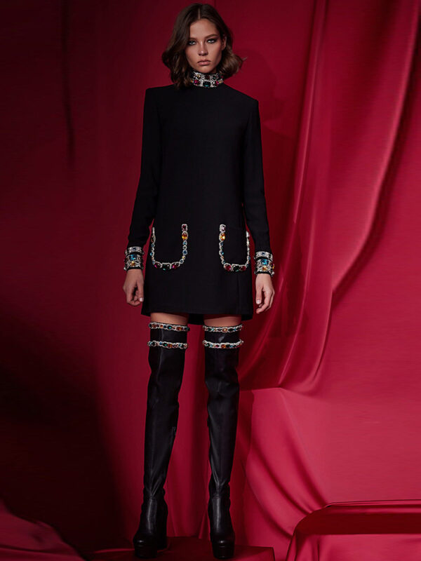 Retro Crystal Turtleneck Black Dress 5