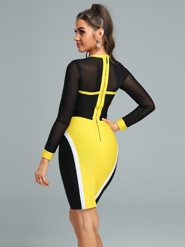 Round Neck Yellow Mesh Bodycon Dress 1