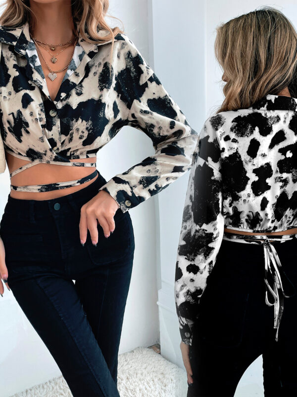 Cows Print Lace Up Crop Shirt