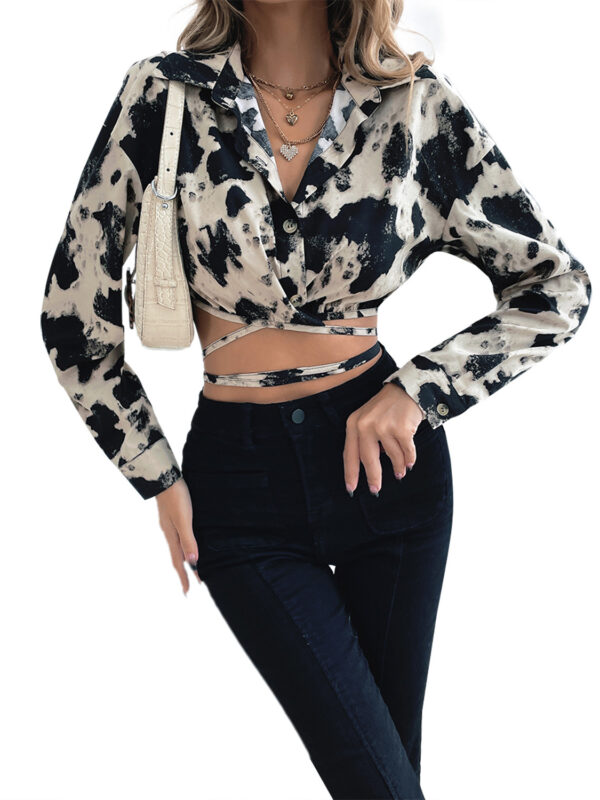 Cows Print Lace Up Crop Shirt