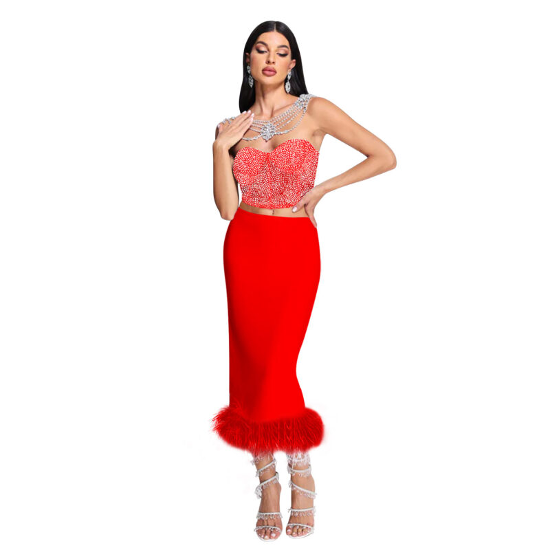 2 Pieces Glittering Tube Pencil Dress Red 2