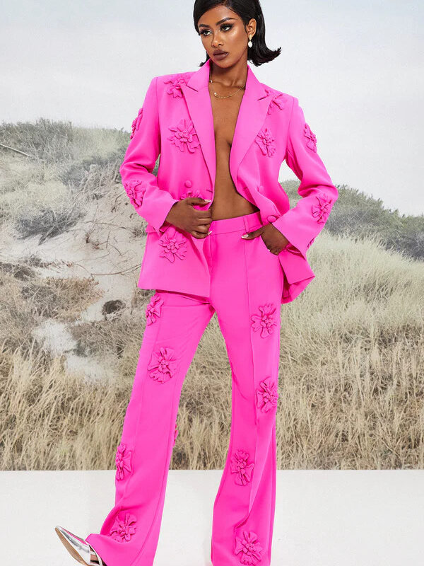 3D Flower Solid Long Sleeve Blazer 1