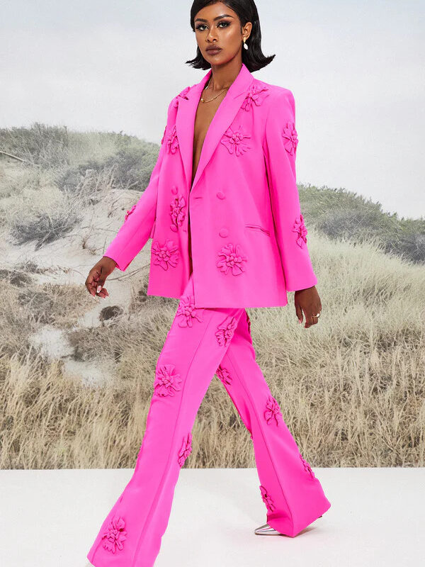 3D Flower Solid Long Sleeve Blazer 2