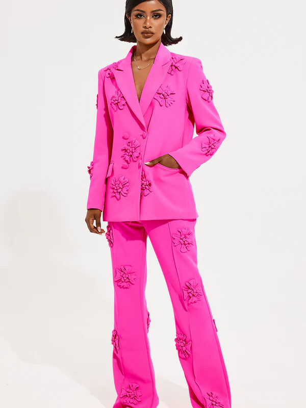 3D Flower Solid Long Sleeve Blazer 3