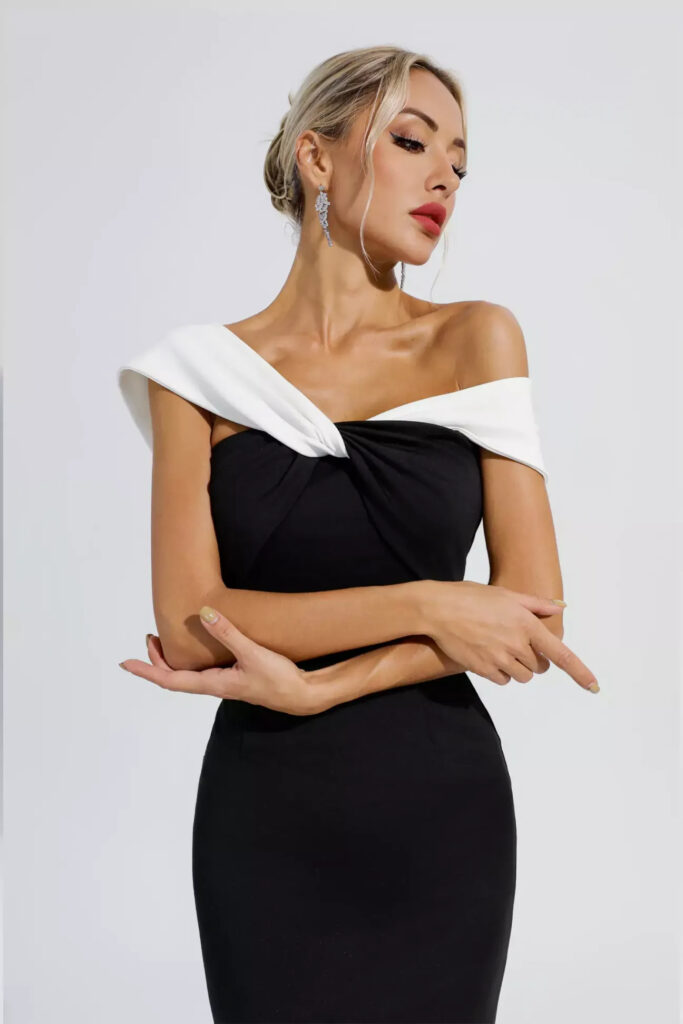 Top 10 Staple &ย Best Bandage Dress Styles for Your Closet 26 Black Off-Shoulder Mermaid Maxi Dress 3