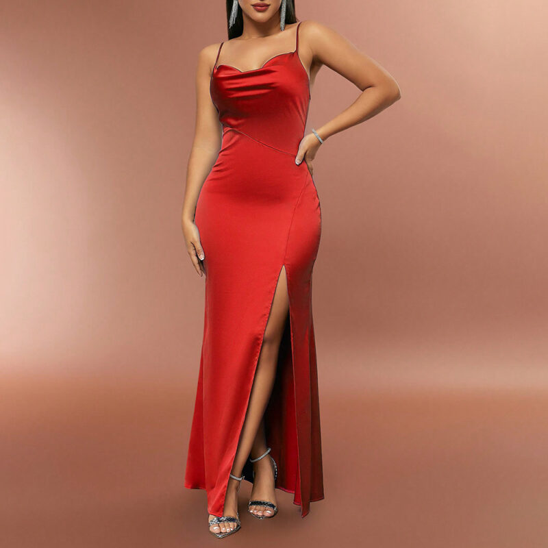 Casual Strap Satin Silk Midi Dress Red 1
