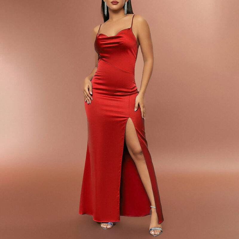 Casual Strap Satin Silk Midi Dress Red 3