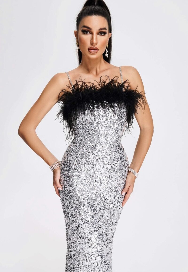 Crystal Chain Feather Sequin Dress 1