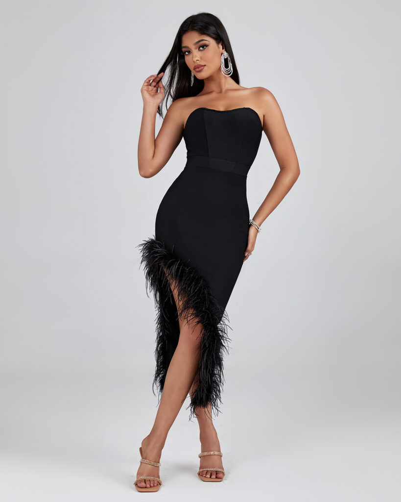 Top 10 Staple &ย Best Bandage Dress Styles for Your Closet 33 Feel The Feather Trim Midi Dress 3