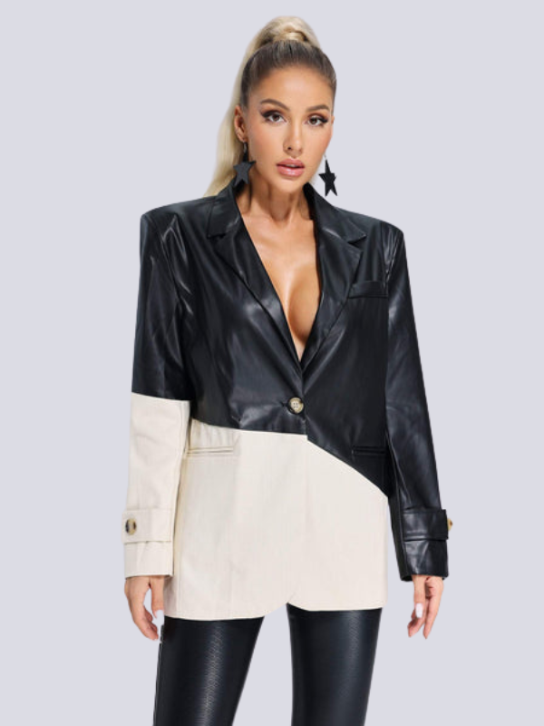 Hit Color Long Sleeve Leather Jacket 2