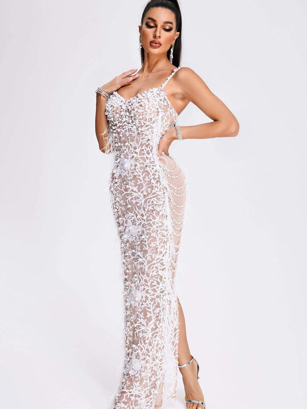 Mermaid Feather Sequin Maxi Dress 1