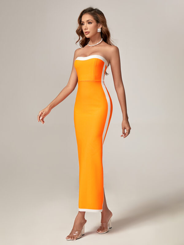 Orange Strapless Slit Maxi Dress 3