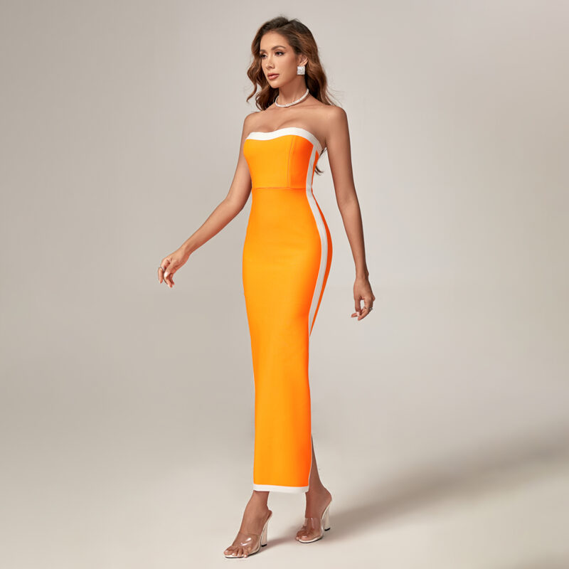 Orange Strapless Slit Maxi Dress 3