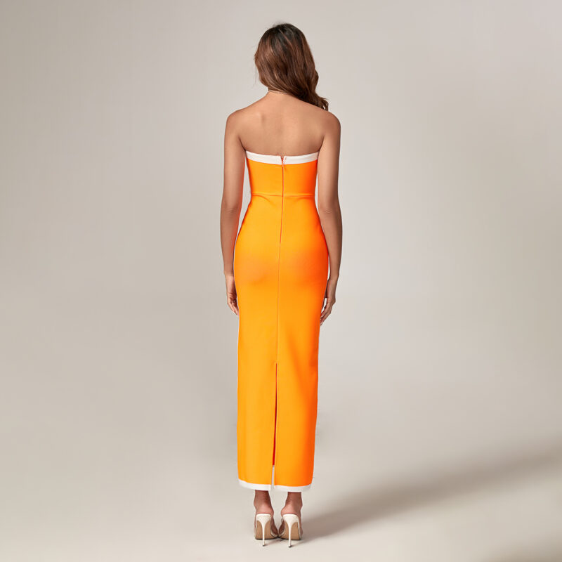Orange Strapless Slit Maxi Dress 5
