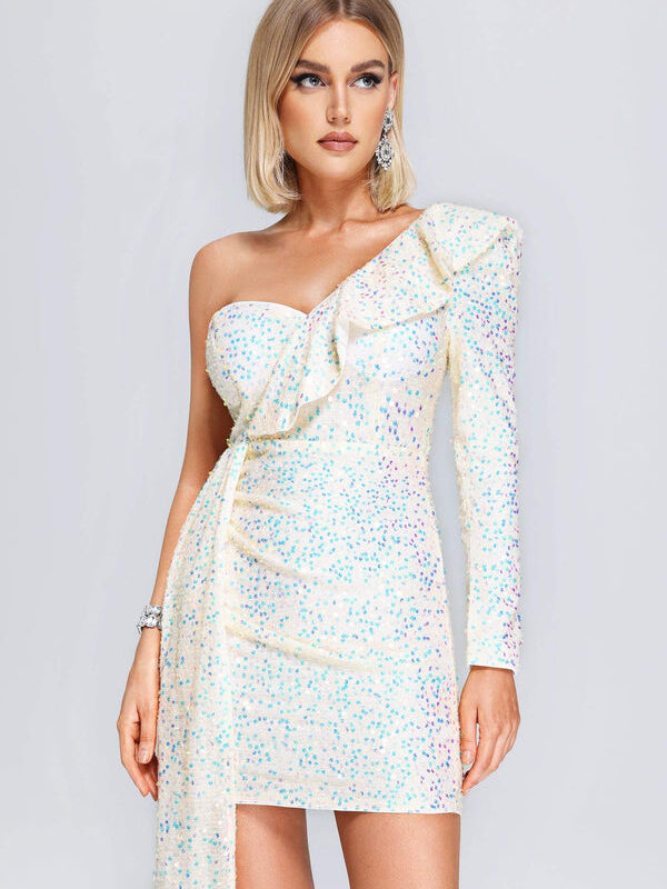 Shinny One Sleeve Sequin Mini Dress 1