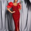 Shiny Puff-Sleeve Sequined Mermaid Dress 6 Shiny Puff-Sleeve Sequined Mermaid Dress Red 1