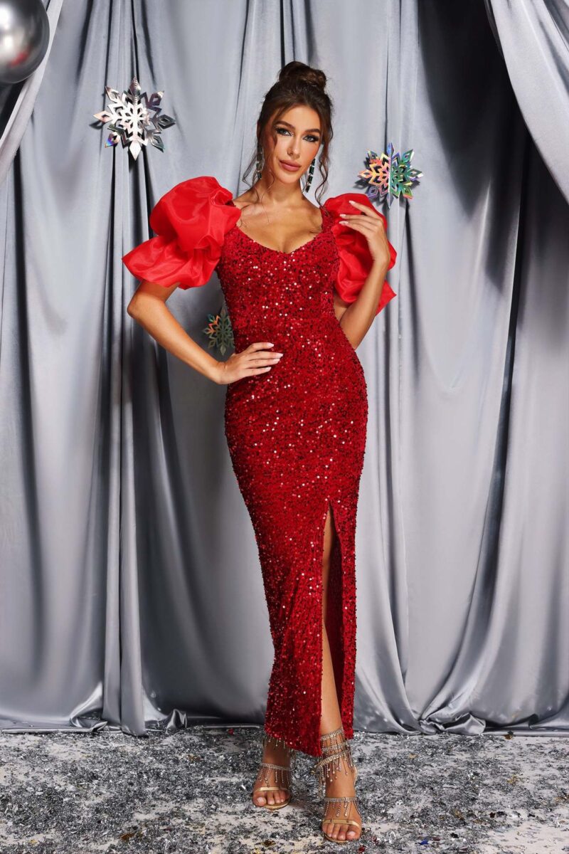 Shiny Puff-Sleeve Sequined Mermaid Dress Red 1